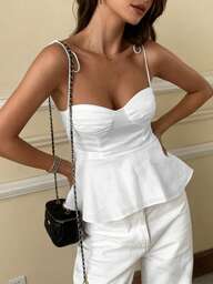 1 st damblus med ärmlös volang, elegant fransk minimalistisk vit tubtopp, beskuren linne, åtsittande linne med lätt linne och knytband framtill för semester och pendling, sexig babydoll för år 2000-årsåldern som framhäver kurvor, vår/sommar/höst