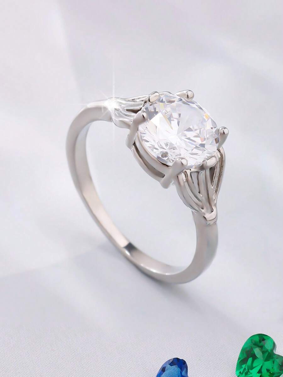 1pc Women's Fashion Simple Round Synthetic Zirconia Ring, Suitable For Wedding, Party, Birthday Gathering And Other Important Occasions, Perfect Gift Choice For Valentine's Day, Christmas, New Year