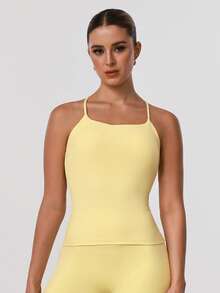 Sodalemon Women Cross Back Sleeveless Sport Training Run Padded High Support Outdoor Yoga Tank Top Summer - 黃色 - 查看 5