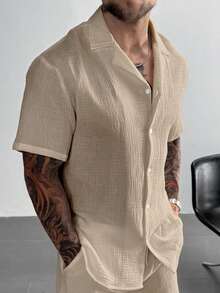 Men's Casual Vacation Shirt, Suitable For Summer Outings And Daily Wear. This Classic Solid Color Loose Short-Sleeve Shirt Features A Button-Up Design, Made Of 100% Lightweight And Breathable Cotton Fabric, Fashionable And Versatile, Ideal For Hawaii Beach Vacations, Music Festivals, And Daily Wear. - Apricot - View 2