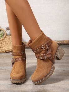 Bottes de mode pour femmes au style punk, élégantes et polyvalentes, avec talon épais, bout rond, boucle décorative et rayures de chameau - Camel - Voir 3
