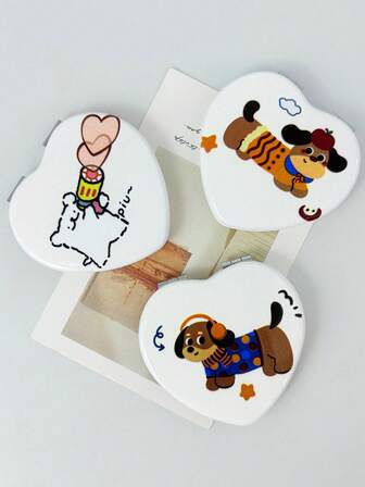 亮面心形卡通可爱腊肠犬高清折叠化妆镜，女士便携式化妆镜，价格实惠，适合作为圣诞礼物、化妆品、化妆工具、便宜货、礼物、女士礼物、圣诞礼物