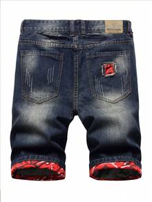 男式印花撕边卷边牛仔短裤 - 深色水洗藍 - 查看 2