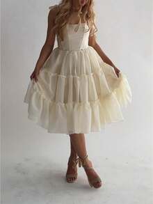 Tulle Prom Dresses Ruffled Trim Tie Back Sleeveless Long Formal Evening Dresses For Women A-Line Open Back Cocktail Ball Gown - 淡黃色 - 查看 1