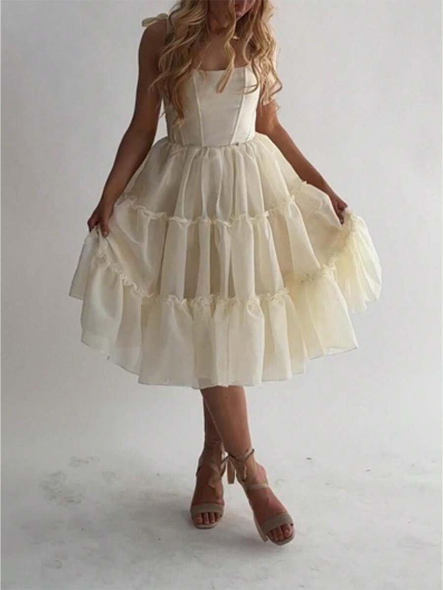 Tulle Prom Dresses Ruffled Trim Tie Back Sleeveless Long Formal Evening Dresses For Women A-Line Open Back Cocktail Ball Gown - 淡黃色 - 查看 1