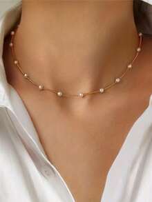 1件优雅仿珍珠精致链条颈链，适合女性日常休闲佩戴
