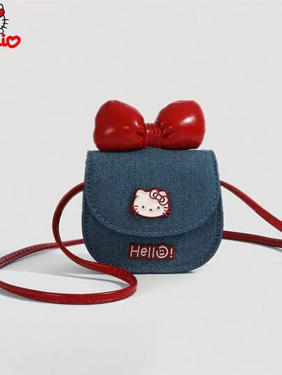 1个Hello Kitty女孩可爱斜挎包，带红色蝴蝶结 - 小号牛仔布化妆包，磁扣开合，可拆卸肩带，适合日常使用或作为礼物，休闲配饰 | 俏皮设计 | 耐用合成衬里，女孩手提包/钱包，时尚