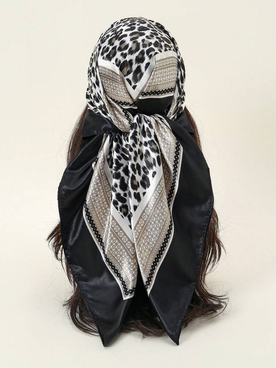 1条女士时尚90厘米方形围巾，印花方巾，春夏款，豹纹链条缎面头巾