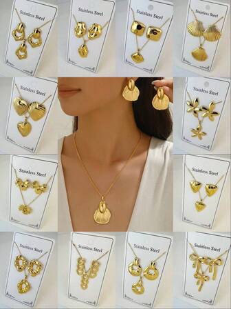 2/3/4件套不锈钢项链耳环首饰套装，随机混搭款式 - 金色纹理蝴蝶、不对称几何、海洋、花朵、心形、贝壳项链耳环首饰套装，适合派对、婚礼、情人节礼物、日常佩戴，奢华女士首饰套装