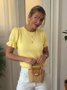 Áo thun nữ cỡ lớn, màu trơn, cổ tròn, tay ngắn, viền bèo nhún, dáng rộng, chất liệu len pha, thích hợp cho mùa xuân và mùa thu. - Màu vàng - Xem 2