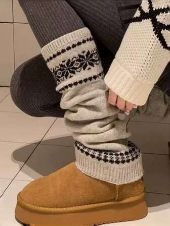 1 Pair Women's Autumn/Winter Warm, Versatile Retro Fairisle Pattern Leg Warmers, Soft & Comfortable For Casual Daily Wear