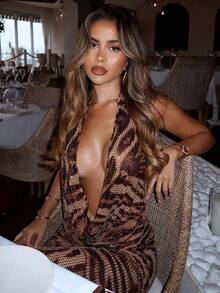 Cheetah Print Club Outfits For Women Burgundy Dress Vestidos Elegantes De Mujer Vestidos De Mujer Elegantesdresses For Women Long Dresses For Women An Elegant And Sophisticated Sleeveless, Collarless, Deep V-Shaped Leopard Print Lady's High-Waisted, Form-Fitting And Midriff-Baring Dress. An Elegant Evening Gown Suitable For Daily Outings, Evening Parties And Fashionable Dressing In Autumn And Winter. - Họa tiết da báo [Còn hàng] - Xem 2