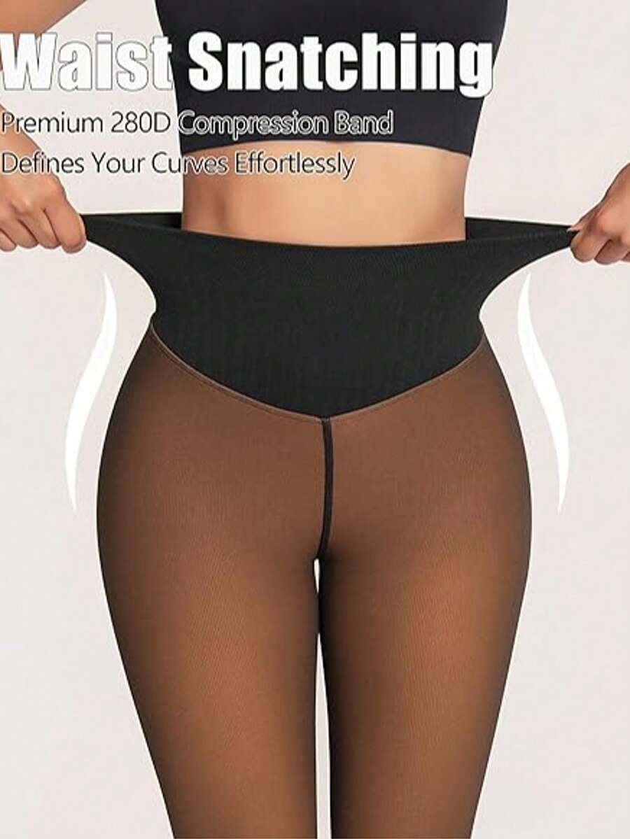 A Women's Seamless Lined Tight Pants With Added Insulation. A Faux See-Through Warm Base Pant With A New Design For Lifting The Abdomen And Enhancing The Buttocks. Suitable For Winter. Warm, Comfortable And Tummy-Controlling. Winter - 黑透焦糖色 - 查看 1