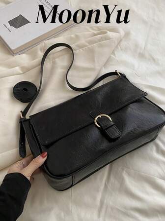 Bolso de hombro cuadrado para mujer, diseño de solapa de PU vintage, estilo universitario casual, negro, gran capacidad