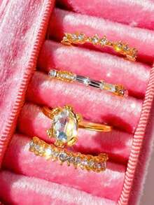 4 件套时尚精致奢华高端百搭休闲优雅水钻镶嵌金色合金戒指，适合作为送给女朋友的礼物、结婚/订婚戒指 - 彩色 - 查看 4