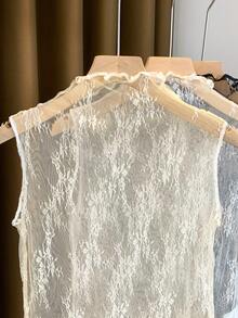 Women Lace False Collar Versatile Luxury Short Ruffle Sheer High Neck Sleeveless Tank Top Undershirt - Apricot - View 4