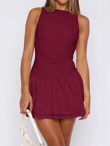 Women's Solid Color Bodycon Backless Christmas Dress - Burgundy - View 10