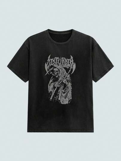  MODCRASH 男士复古字母骷髅图案圆领短袖休闲T恤，夏季，街头风，哥特，Emo，图案T恤，万圣节春夏款