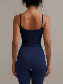 XLLAIS Sexy Backless Women's Camisole, Elastic Casual Navy Blue Spaghetti Strap Tank Top - Royal Blue - View 6