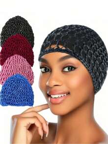 1pc Handmade Crochet Sleep Cap, Not A Hat, Women Hair Accessories Net Hairnet Cap Prescription Headgear Wig Cap Silk Bonnet Satin Bonnet - Multicolor - View 34