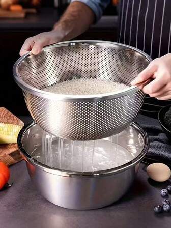 2件套不锈钢细网滤碗套装 - 多功能滤网和搅拌碗，可用于清洗蔬菜、水果、米饭和沥干意面 | 加厚大容量，可放入洗碗机清洗，防锈耐用，是厨房的理想之选，厨房必备 | 现代厨房工具 | 厨房用具