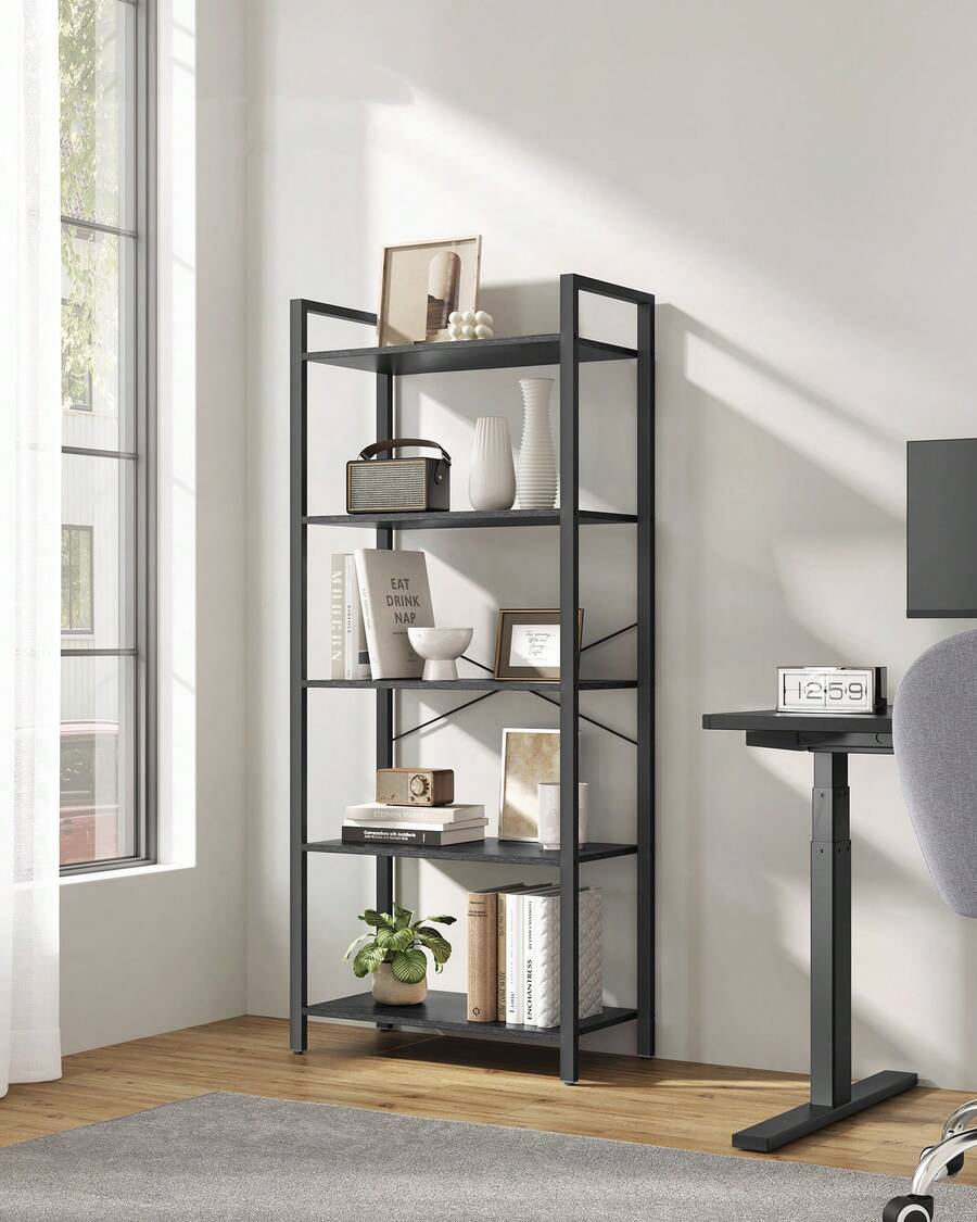 5-Tier Bookshelf, Bookcase, Shelving Unit, For Office, Study, Living Room, Bedroom, 30 X 66 X 153 Cm, Industrial, Ebony Black And Ink Black - Black - View 1