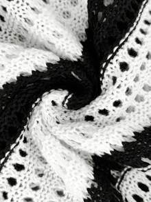 Women Off-Shoulder Halter Tie-Up Contrast Stripe Hollow-Out Cropped Fitted Top And Elastic Waist Bodycon Maxi Skirt Knit Set - Black and White - View 8