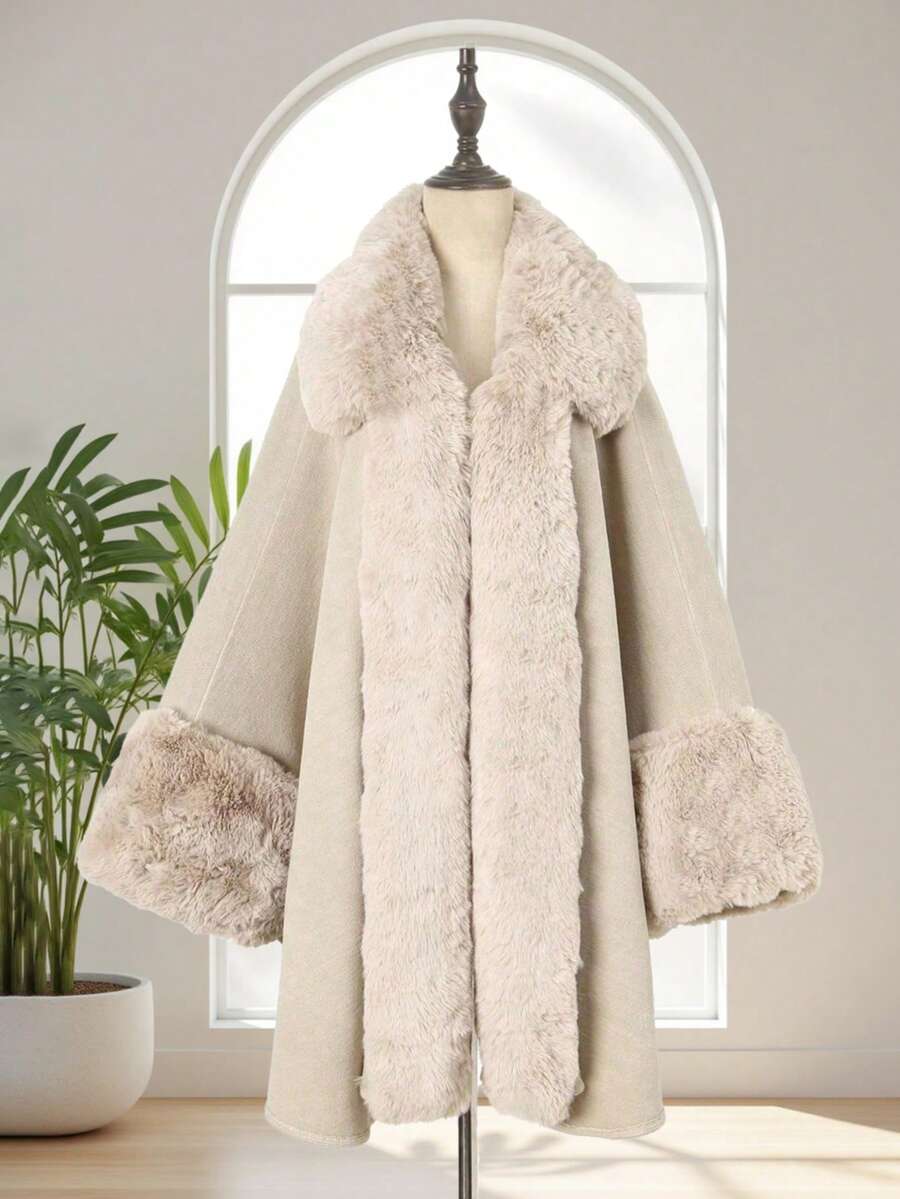 1pc Oversized Faux Fur Collar Solid Color Cape Cardigan Coat For Women, Comfortable & Elegant - Multicolor - View 1