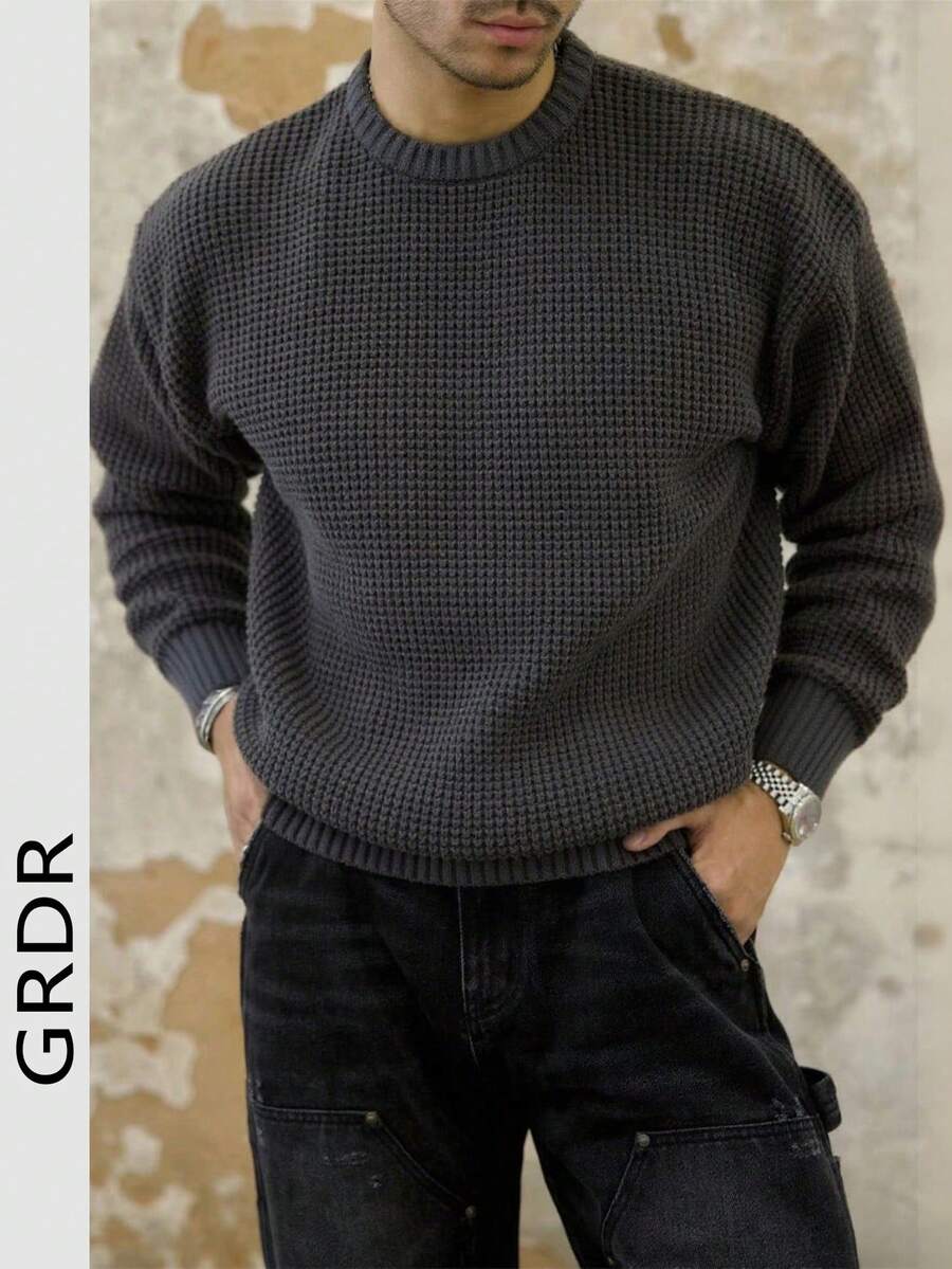 GRDR 男士休闲户外多功能提花针织圆领长袖毛衣，秋冬款 - 深灰色 - 查看 1