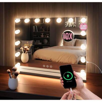 GloBrite 15/18LED  Vanity Mirror With Dimmable LED Bulbs - 3 Lighting Modes, 10x Magnification, Touch Control, USB Charging, Wall/Tabletop, Lighted Makeup Mirror For Bedroom, Dressing Room - White