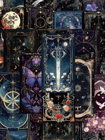 50 piezas Pegatinas misteriosas con estampado de estrella, luna, fase y flor - Decoración para teléfono móvil, computadora, equipaje, cuaderno, vaso de agua, casco - Perfecto para invierno y Año Nuevo