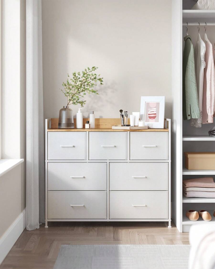 Chest Of Drawers, Bedroom Cabinet, 7 Fabric Drawers With Handles, Metal Frame, Cloud White And Oak Beige - White - View 1
