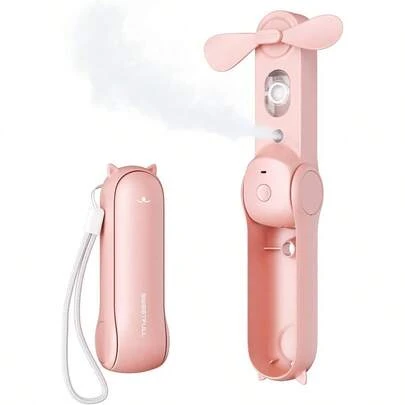 Portable Handheld Fan Mini Misting Fan Rechargeable 3 Speed Small Personal Fan Silent Folding Pocket Fan With Water Spray For Travel Camping Beach Indoor Outdoor Pink