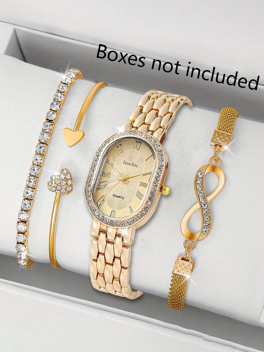 4 sztuki/zestaw eleganckich damskich zegarków kwarcowych ze stalowym paskiem, kompaktową tarczą z rzymską skalą numeryczną, bransoletą, bez pudełka na zegarek - Złoto - Zobacz 1