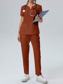 V-Neck Pocket Short Sleeve Top And Pocket Long Pants Pajama Set - Coral Orange - View 3