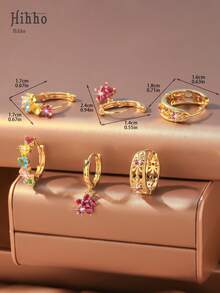 Hihho Set de 6 piezas de aretes con diseño hueco tallado y con incrustaciones de circonita en estilo vintage y colorido, un conjunto de aretes con flores en forma de corazón, un regalo de moda para mujeres para uso diario, viajes y fiestas - Amarillo Oro - Ver 10