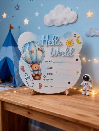 Trämilstolpe "Hej världen" tillväxtmarkör för nyföddfotografering i trä, lämplig som babyshowerpresent för pojkar och flickor