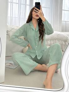 Nina Bonheur Bộ đồ ngủ dài tay cài nút phía trước họa tiết sọc dành cho nữ + Quần cạp chun rút dây, đồ ngủ dễ thương - màu xanh lá - Xem 5