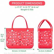 Christmas Pattern EVA Tote Bag, 17-Inch Women's Large Capacity Beach Bag, Snowflake And Deer Pattern Vacation Tote Bag, Rubber Waterproof Beach Bag, Tote Bag, Suitable For Outdoor Camping, Leisure Shopping, And Travel. - Đỏ - Xem 3