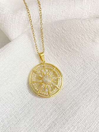 1pc Elegant Sparkling Round Sun Zirconia Pendant Necklace, Fashionable & Casual, Suitable For Daily Wear, Party, Date, Gift