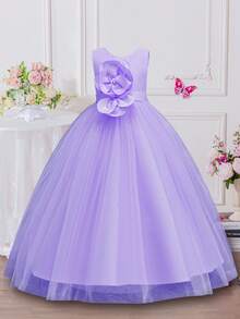 Vestido sin mangas elegante de niña preadolescente con parches de malla y flores de unicolor, vestido de niña de las flores para bodas, vestido para recital de piano, atuendo para festivales infantiles - Morado - Ver 1