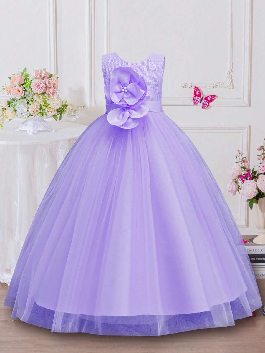 Vestido sin mangas elegante de niña preadolescente con parches de malla y flores de unicolor, vestido de niña de las flores para bodas, vestido para recital de piano, atuendo para festivales infantiles - Morado - Ver 1