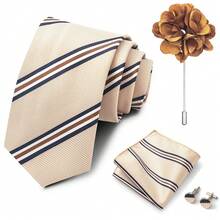 AlanKing 8cm Elegant Dignified Charming Yellow-Brown Striped Necktie 4-Piece Set, Suitable For Business Events, Weddings, Banquets And Parties - Color Mixing - View 5