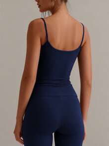 XLLAIS Sexy Backless Women's Camisole, Elastic Casual Navy Blue Spaghetti Strap Tank Top - Royal Blue - View 5