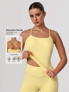 Sodalemon Women Cross Back Sleeveless Sport Training Run Padded High Support Outdoor Yoga Tank Top Summer - 黃色 - 查看 9