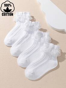 4 Pairs Children Solid Color Lace Dance Ruffle Princess Fashion Versatile Party 100% Cotton Trim Socks - White - View 6