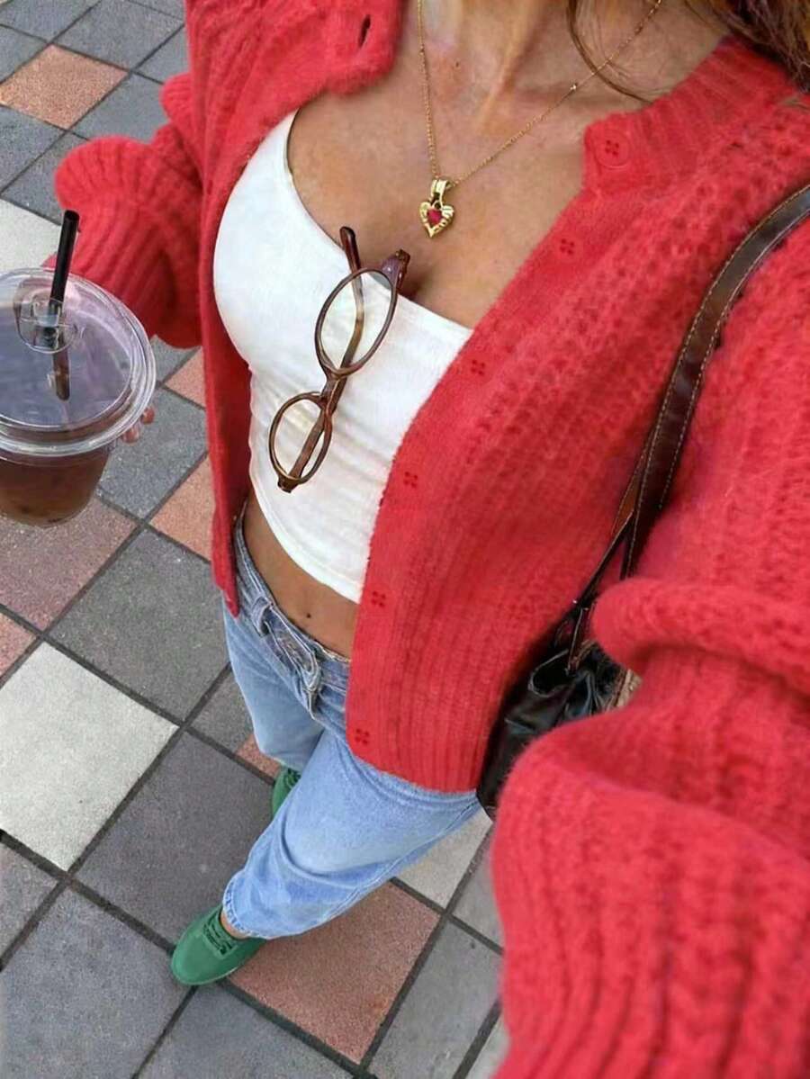 FOR BEAUTY 女士酒红色圆领长袖针织衫，休闲通勤套头衫，时尚优雅简约柔软开衫，百搭外套，适合日常穿着，情人节礼物 - 紅色 - 查看 1