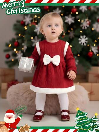 圣诞女婴圆领长袖开衫背面纽扣厚针织拼布毛皮连衣裙