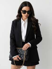 女式纯色西装外套和短裤套装，办公室/工作服 - 黑色 - 查看 6