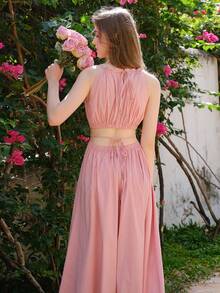 Elegant Solid Color Backless Dress, Summer - Pink - View 2